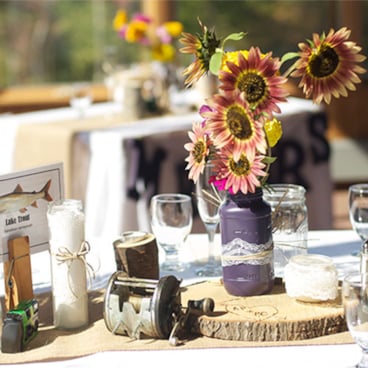 Centerpieces at a wedding reception at Sunday River's North Peak